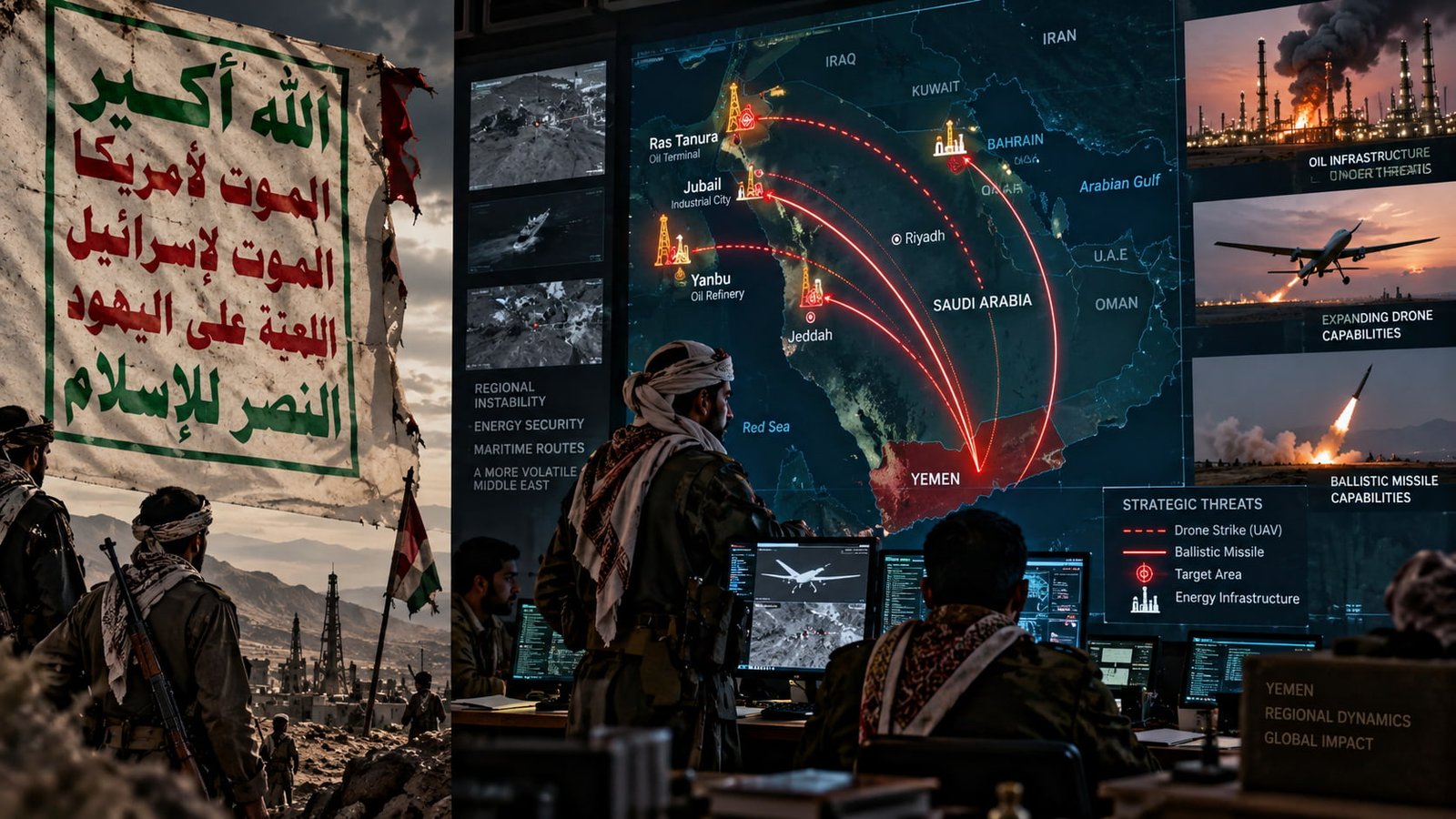 Houthi slogan reality showing contrast between political banners and regional missile targets